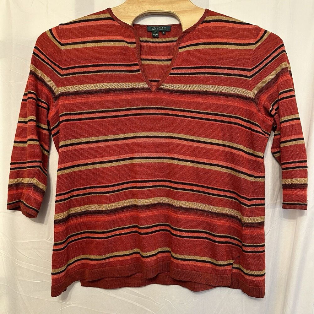 Lauren Ralph Lauren Shirt Women's Size XL Red Striped Linen 3/4 Sleeve Western